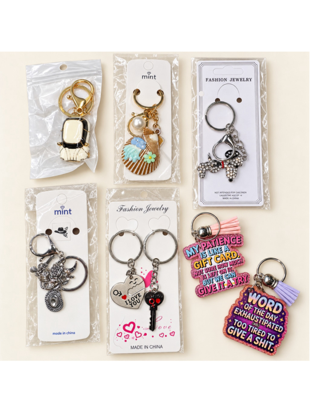 8 Keychain Lot | Astronaut Shell Western Dog Love You Funny Quotes